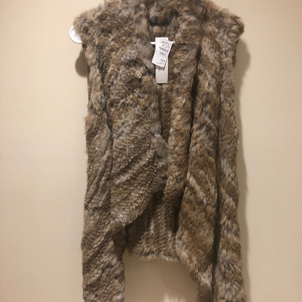 NWT Love Token Rabbit Fur Draped Long Vest